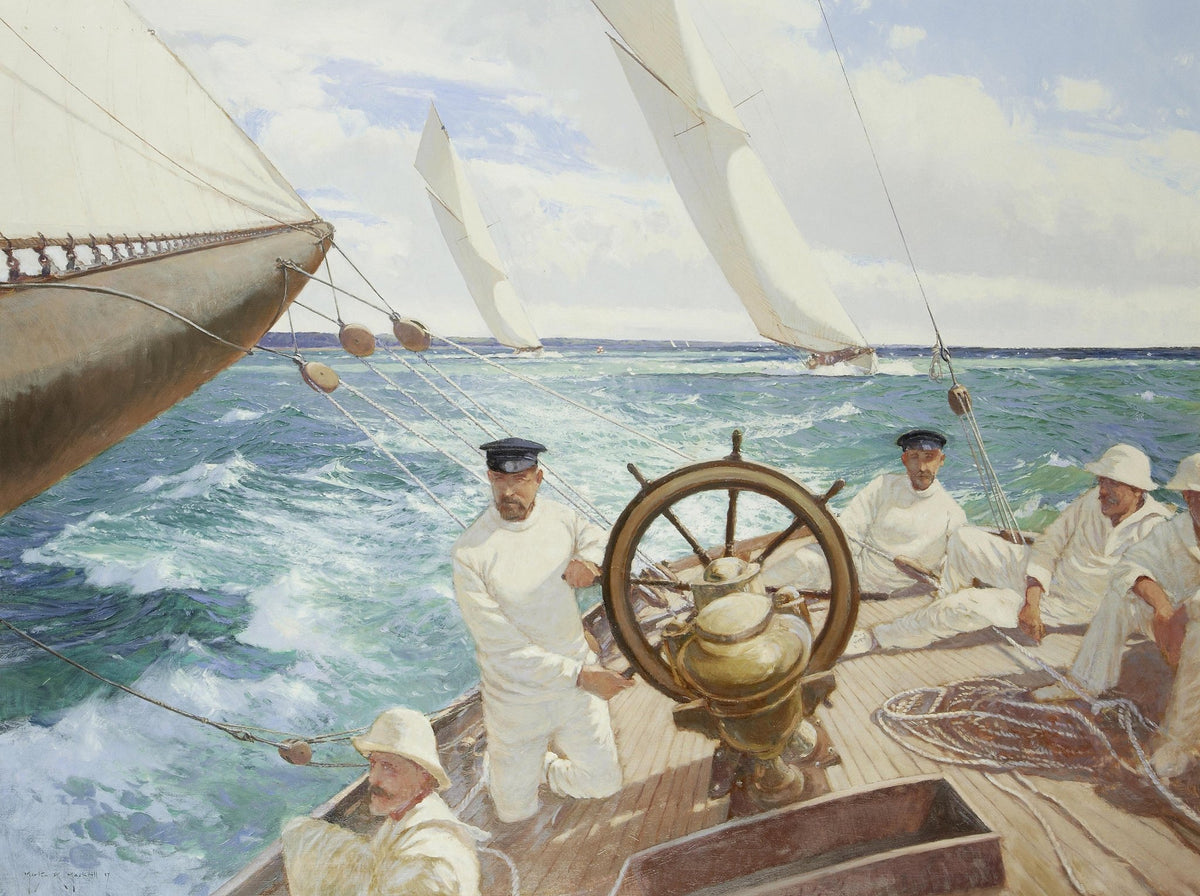Hand-painted regatta at sea with crew and white sails nautical oil painting on canvas