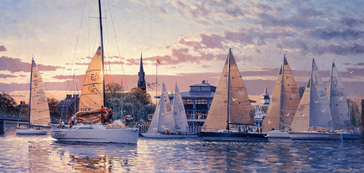 Hand-painted regatta sailboats at dusk nautical oil painting on canvas