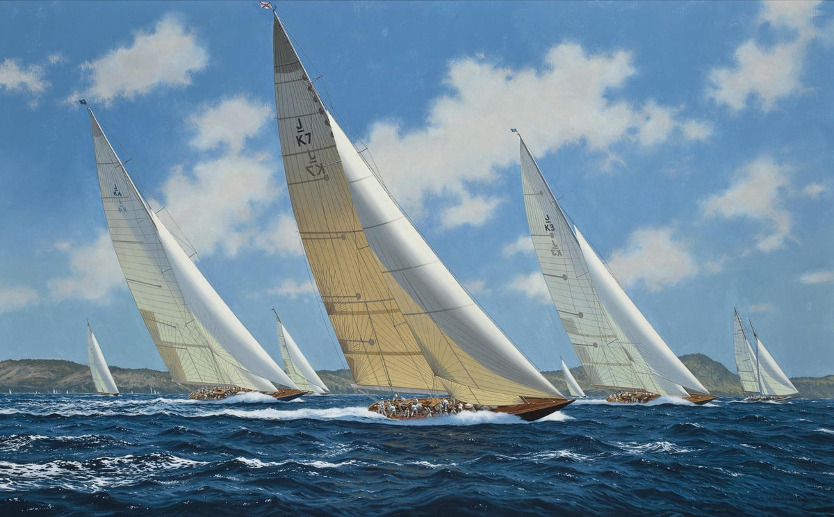 Hand-painted regatta yachts racing on deep blue sea nautical oil painting on canvas