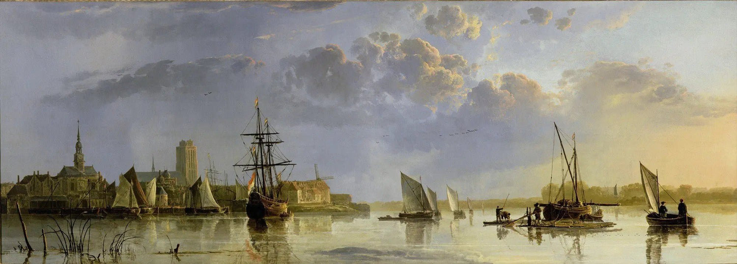 Hand-painted riverside scene with sailing ships nautical oil painting on canvas