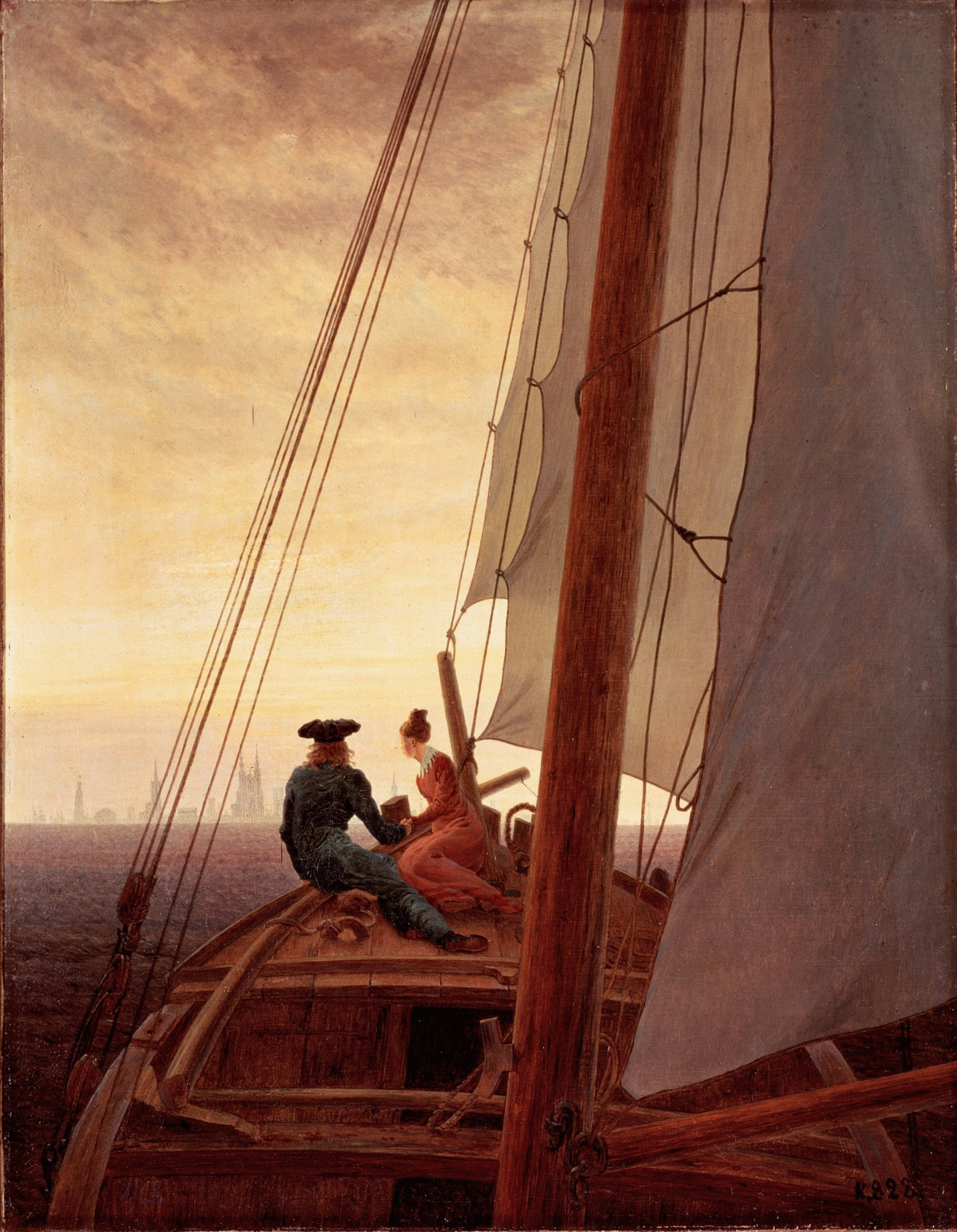 Hand-painted romantic couple on a sailboat at sunset nautical oil painting on canvas