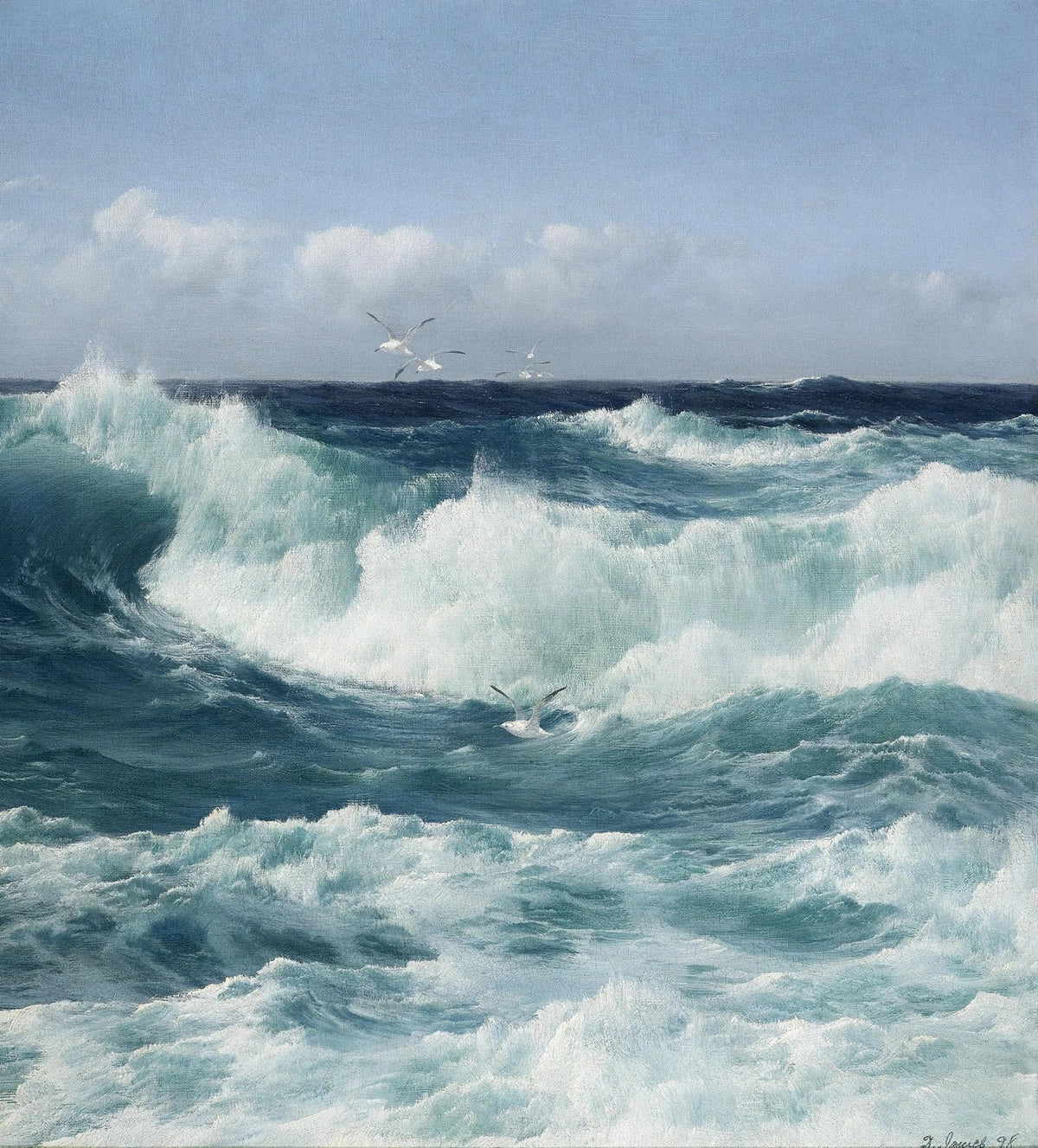 Hand-painted rough sea with seagulls nautical oil painting on canvas