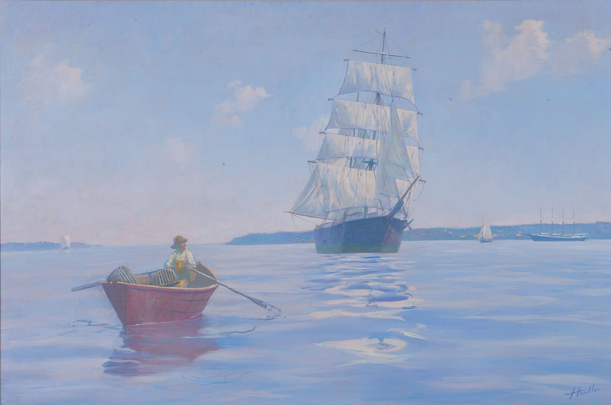 Hand-painted rowboat and tall ship on calm blue water nautical oil painting on canvas