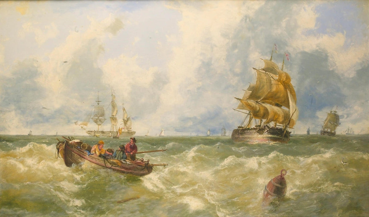 Hand-painted rowboat and tall ships on rough sea nautical oil painting on canvas