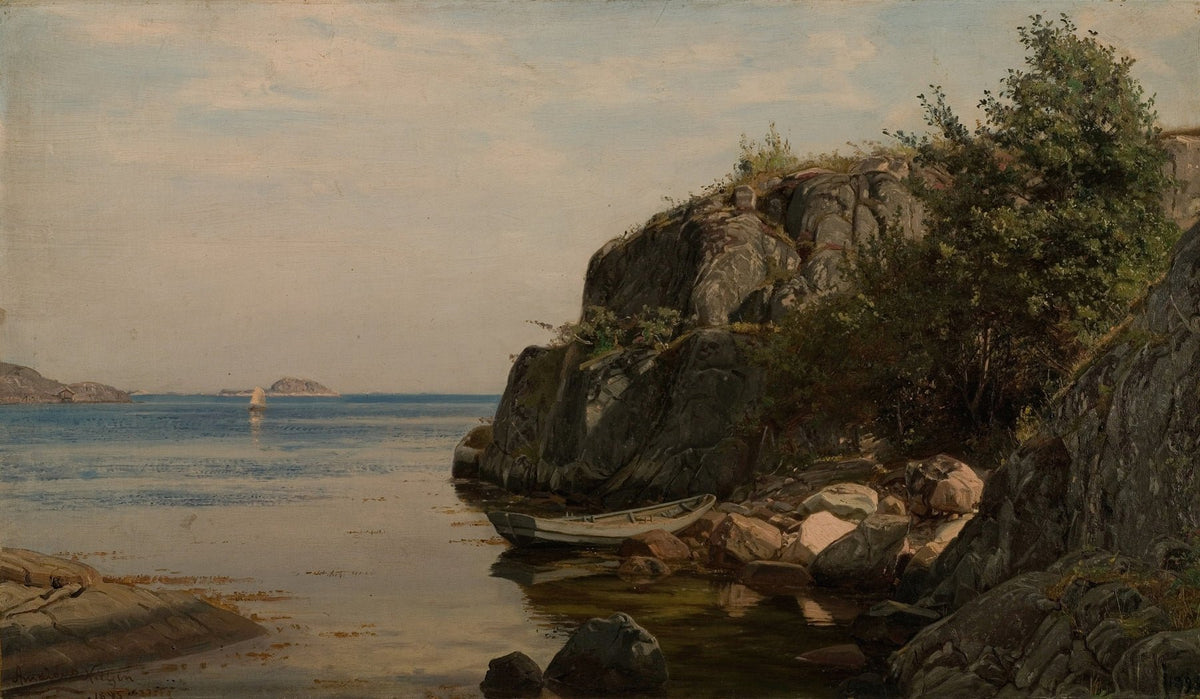 Hand-painted rowboat by rocky coast nautical oil painting on canvas