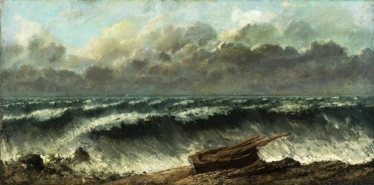 Hand-painted rowboat on stormy coastline nautical oil painting on canvas