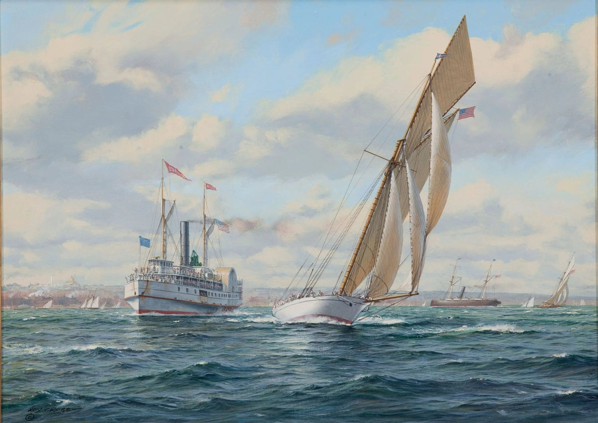 Hand-painted sailboat and steamer at sea nautical oil painting on canvas