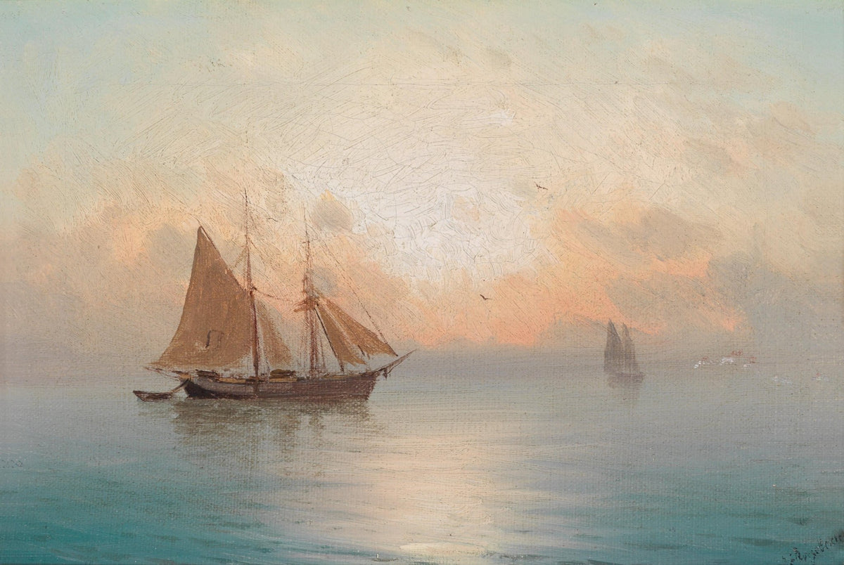 Hand-painted sailboat at tranquil sunset nautical oil painting on canvas