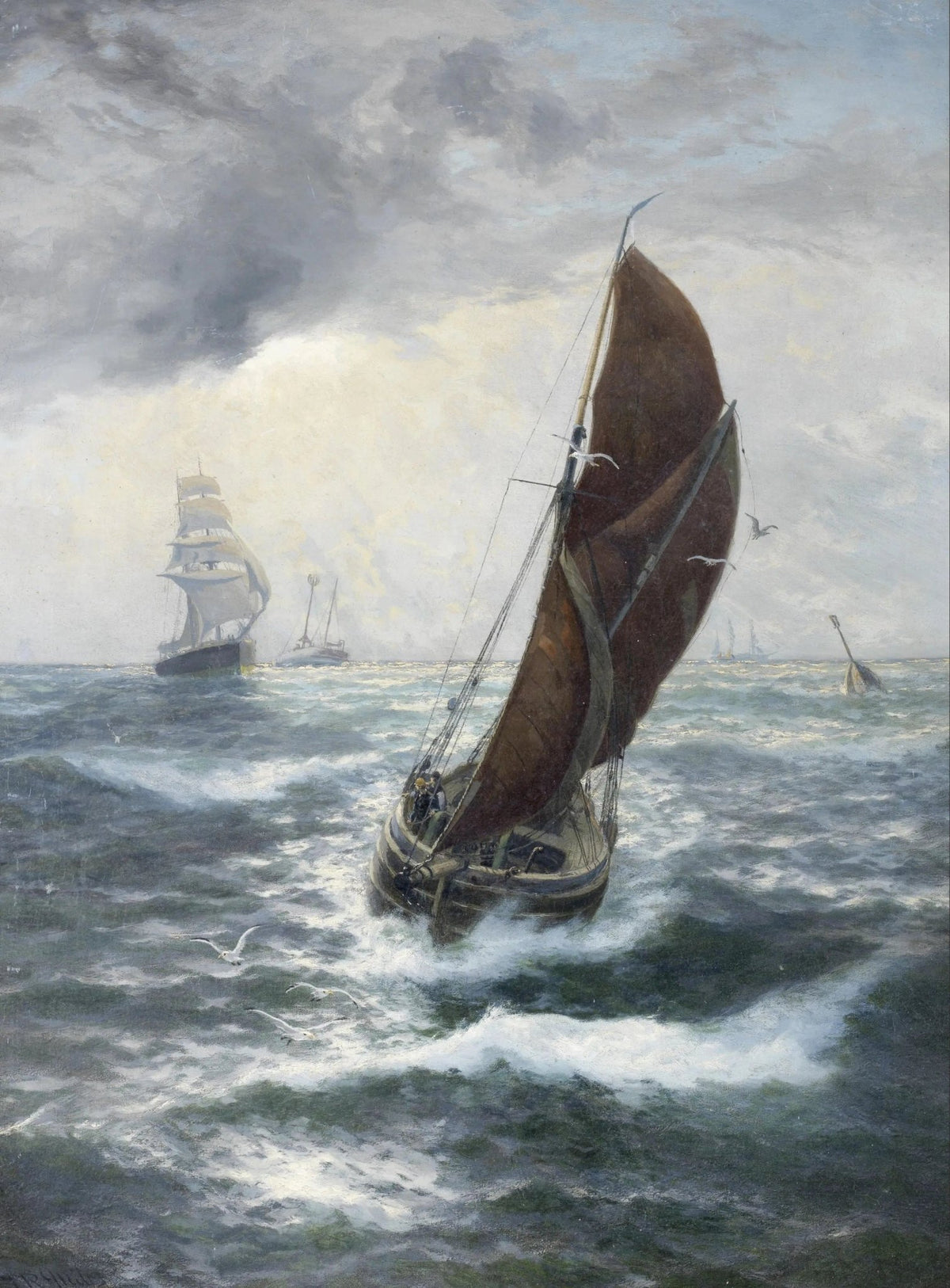 Hand-painted sailboat battling stormy seas nautical oil painting on canvas