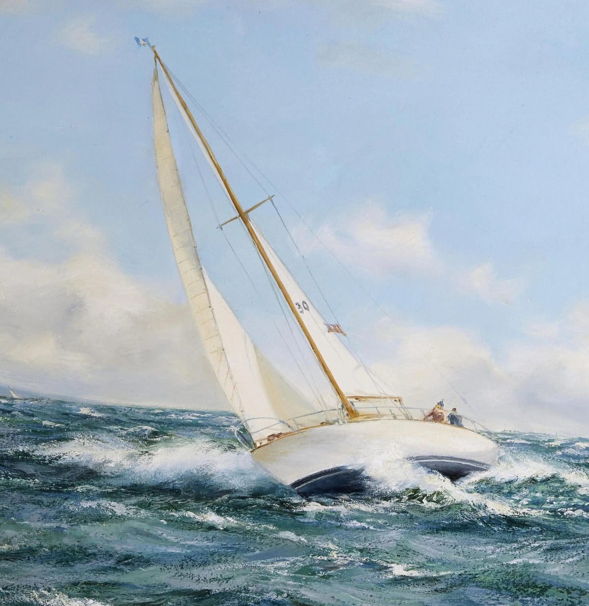 Hand-painted sailboat in choppy sea nautical oil painting on canvas