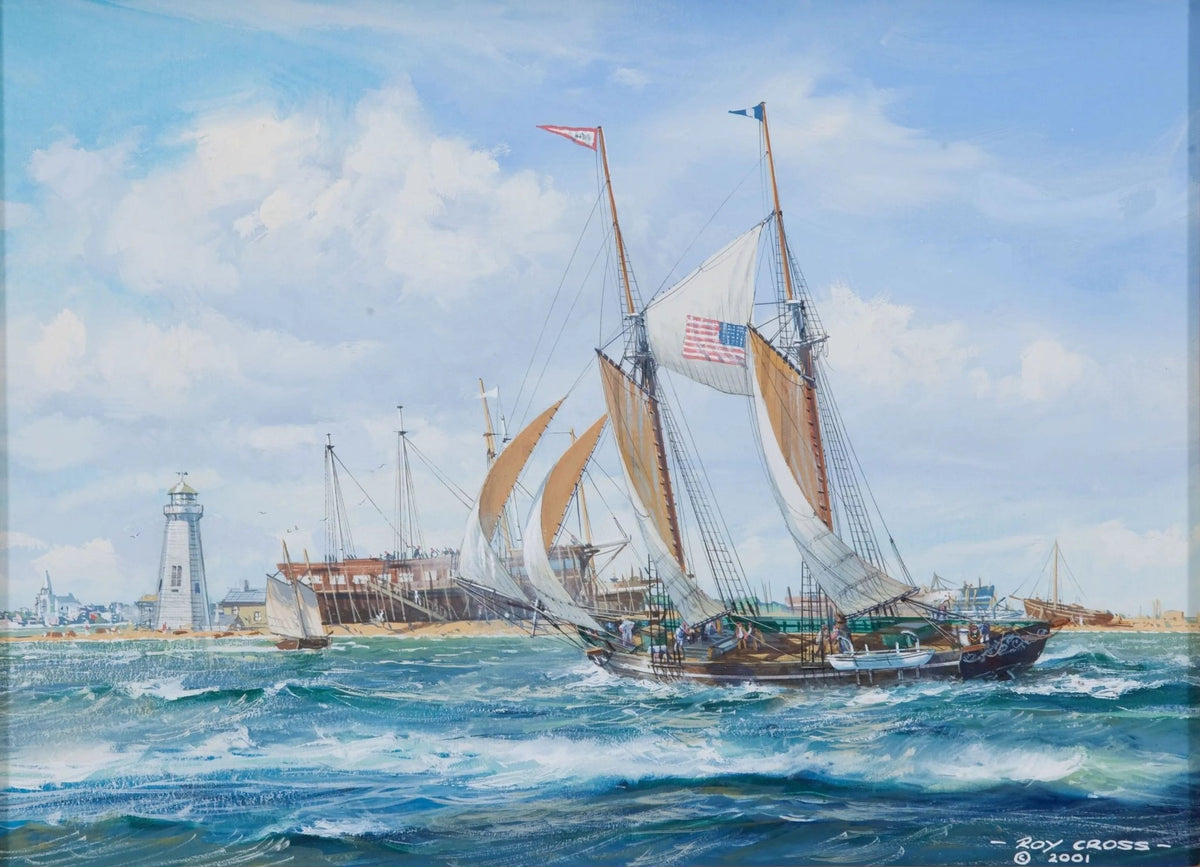 Hand-painted sailboat in coastal harbor nautical oil painting on canvas