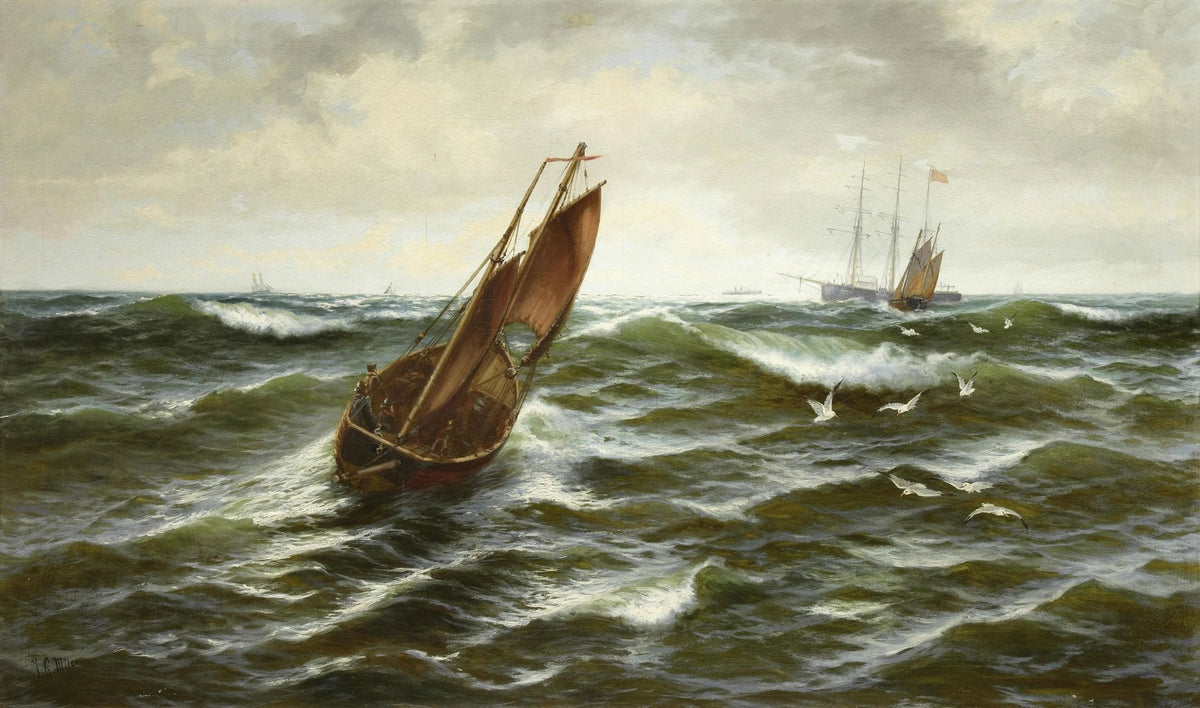 Hand-painted sailboat in rough seas nautical oil painting on canvas