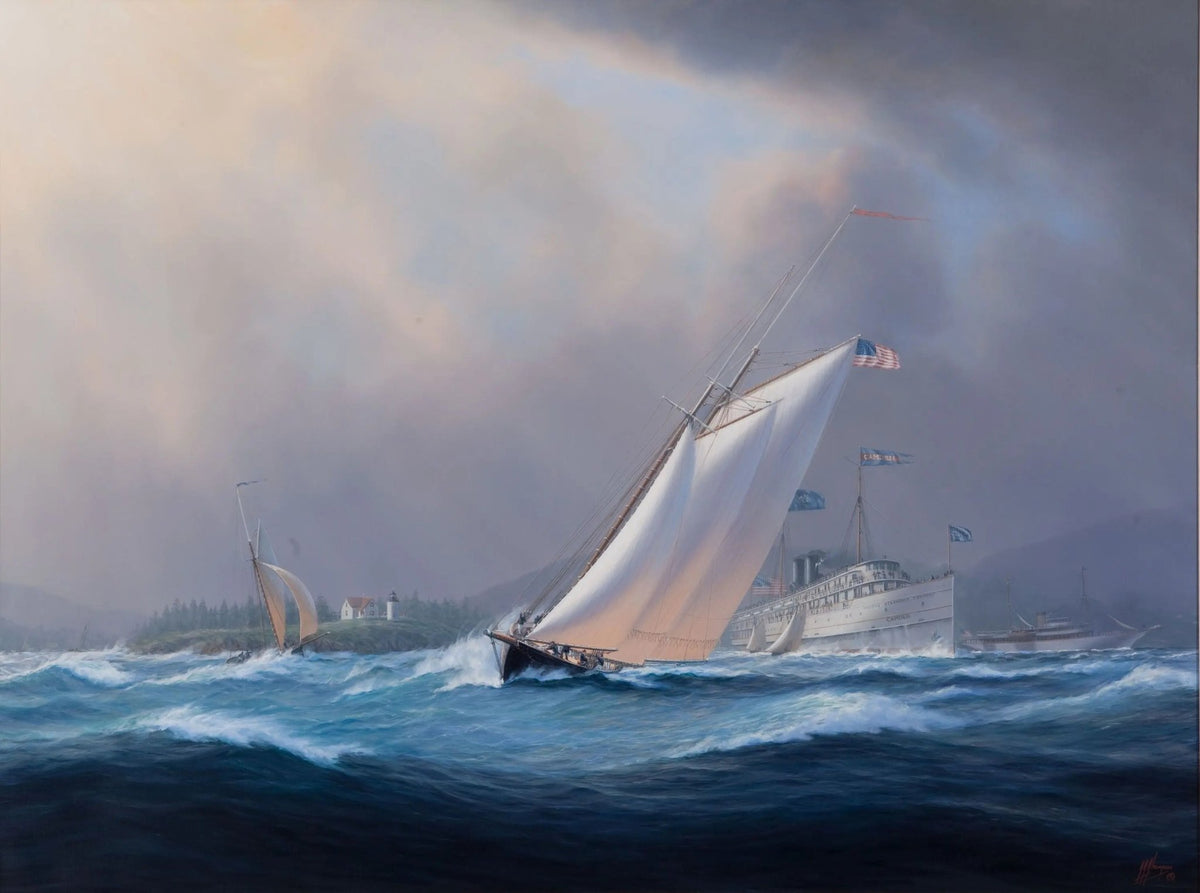 Hand-painted sailboat in stormy coastal sea nautical oil painting on canvas