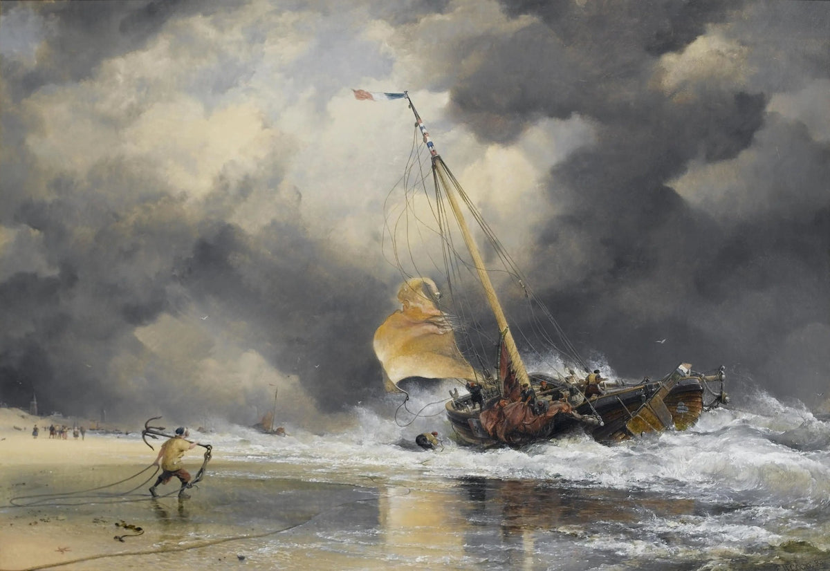 Hand-painted sailboat in stormy sea nautical oil painting on canvas