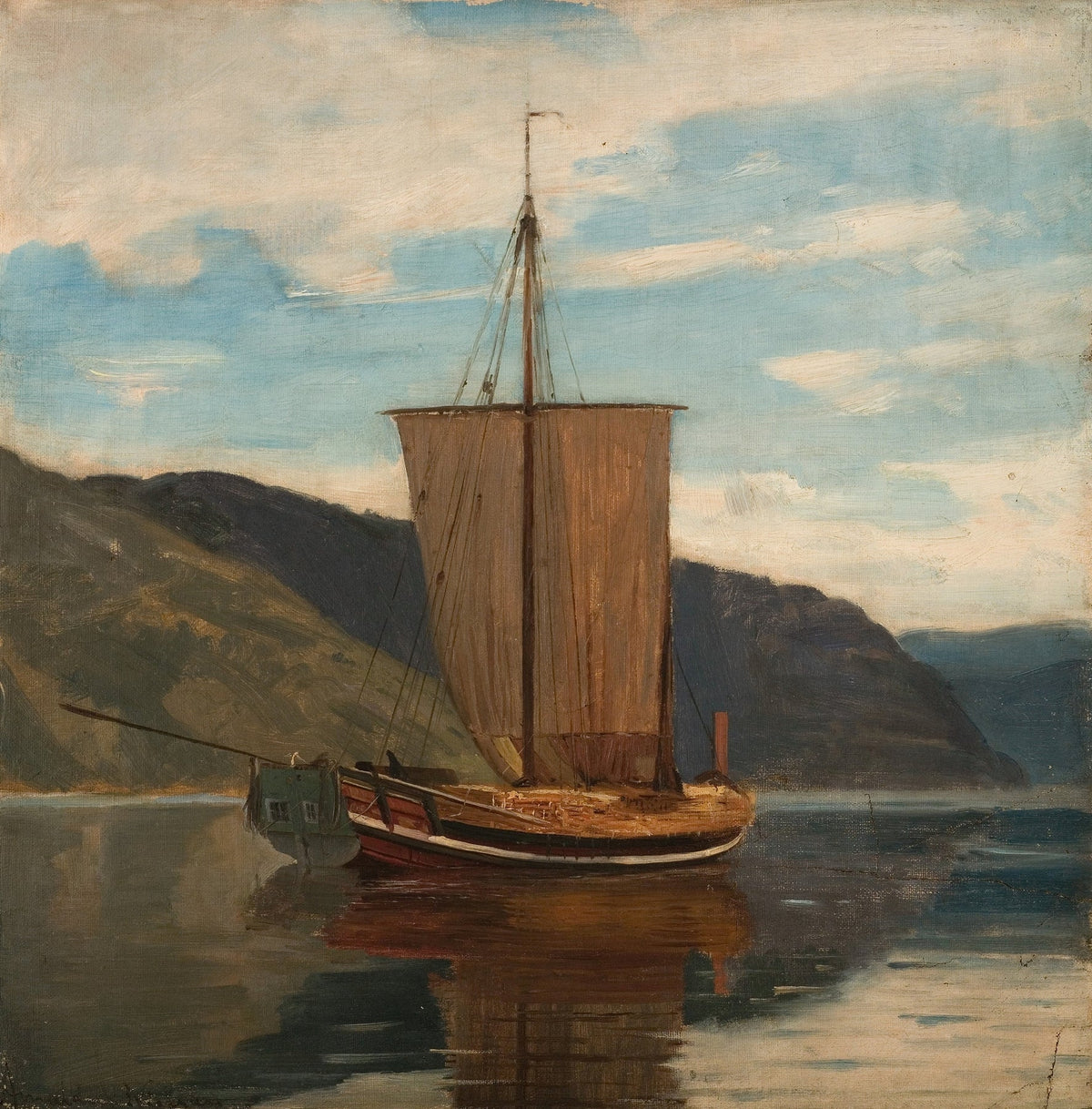 Hand-painted sailboat on calm fjord nautical oil painting on canvas