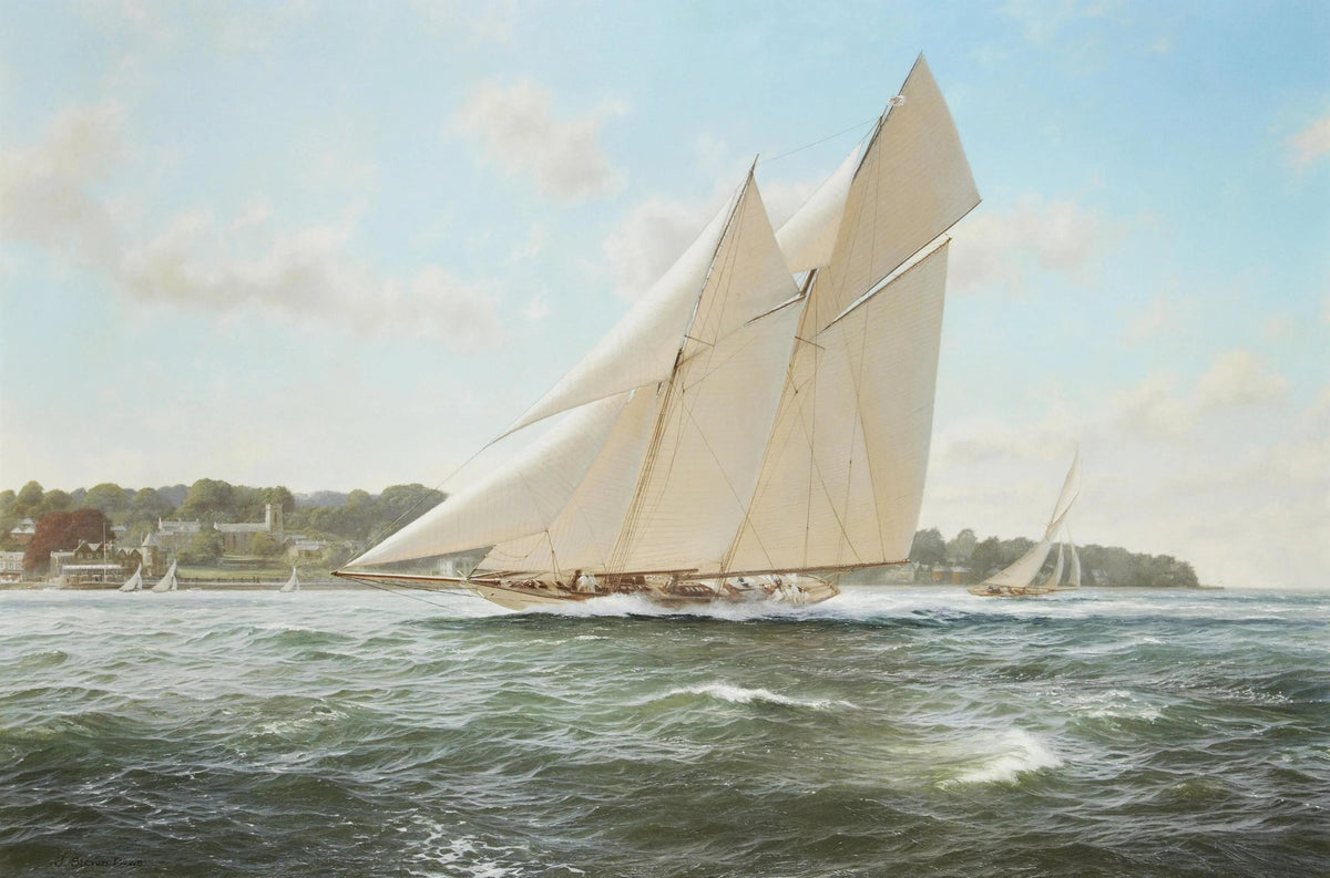 Hand-painted sailboat on coastal sea nautical oil painting on canvas