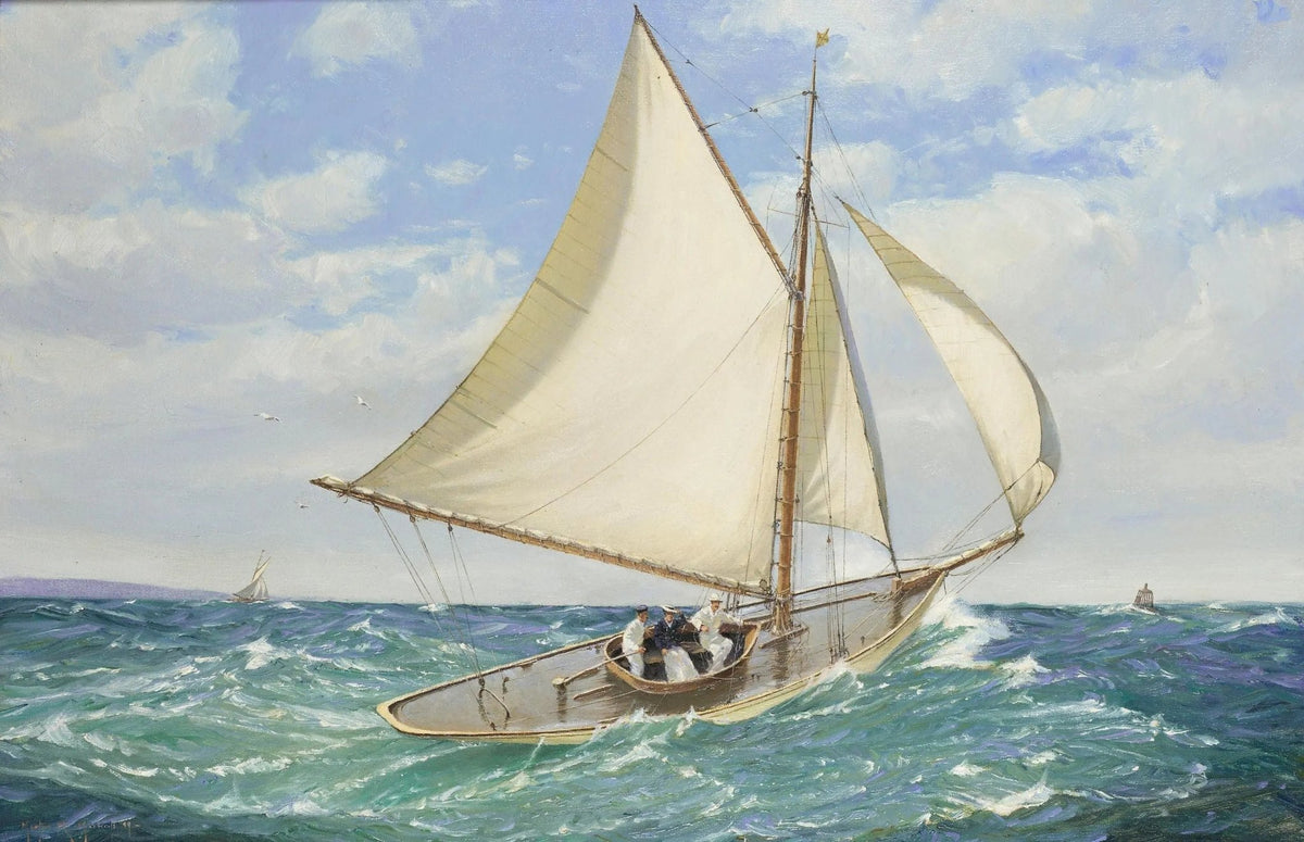 Hand-painted sailboat with crew at sea nautical oil painting on canvas