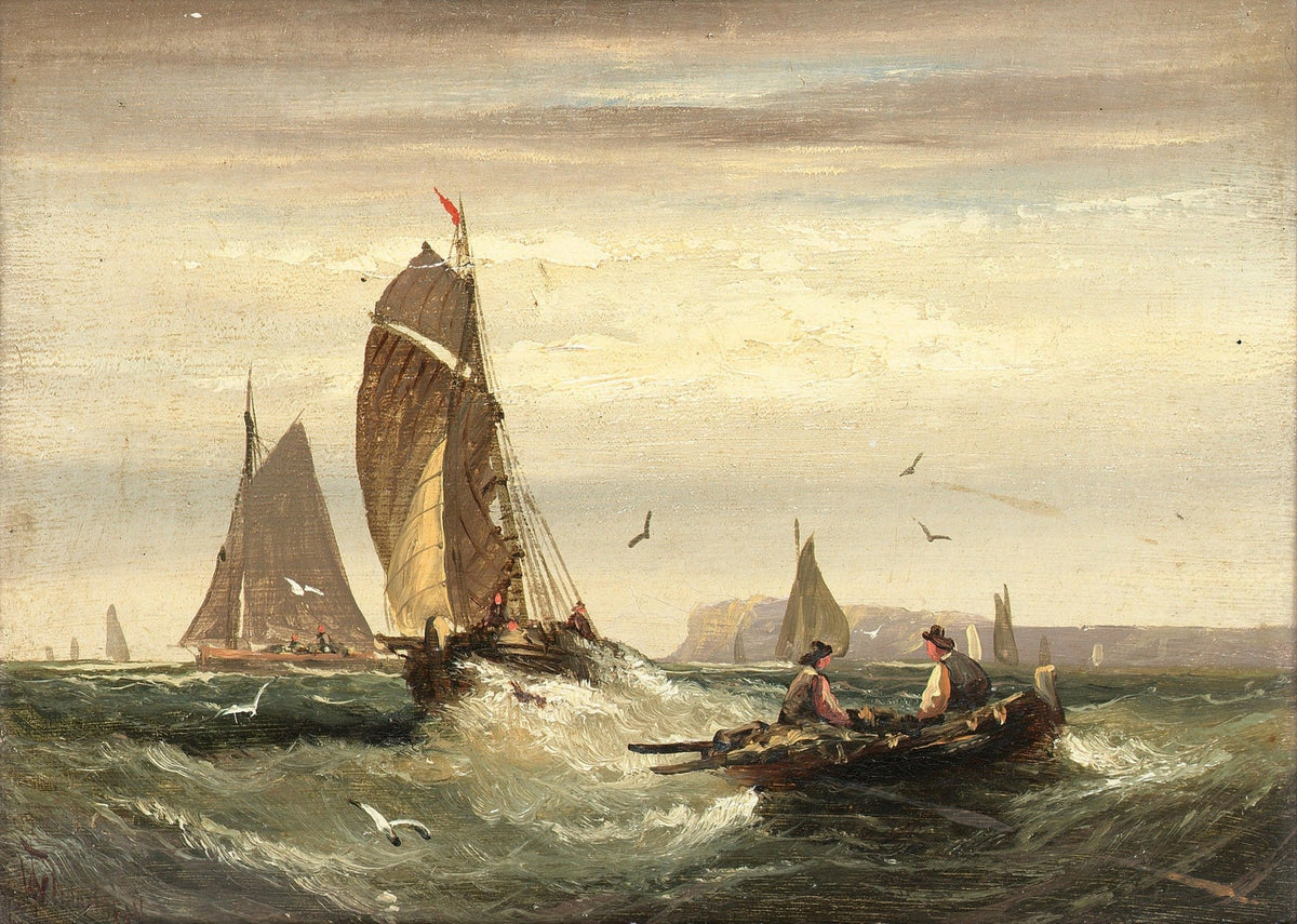 Hand-painted sailboats and rowboat on choppy sea nautical oil painting on canvas