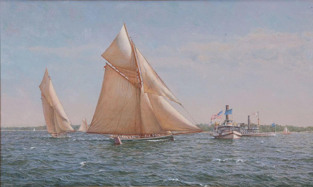 Hand-painted sailboats and steamer at sea nautical oil painting on canvas