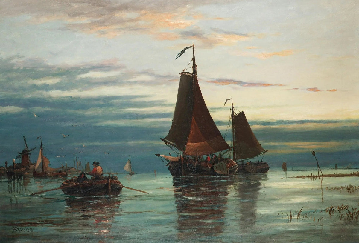 Hand-painted sailboats at sunset on calm water nautical oil painting on canvas