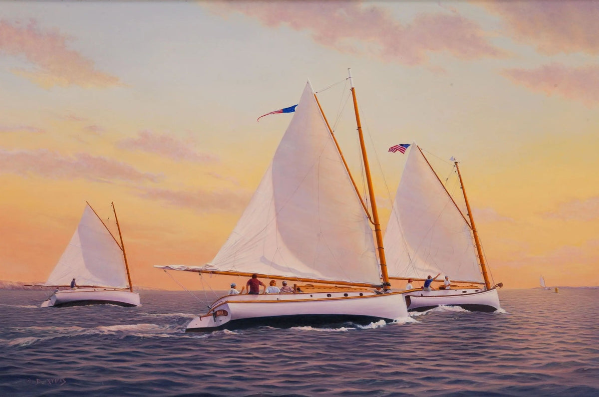 Hand-painted sailboats at sunset sea nautical oil painting on canvas