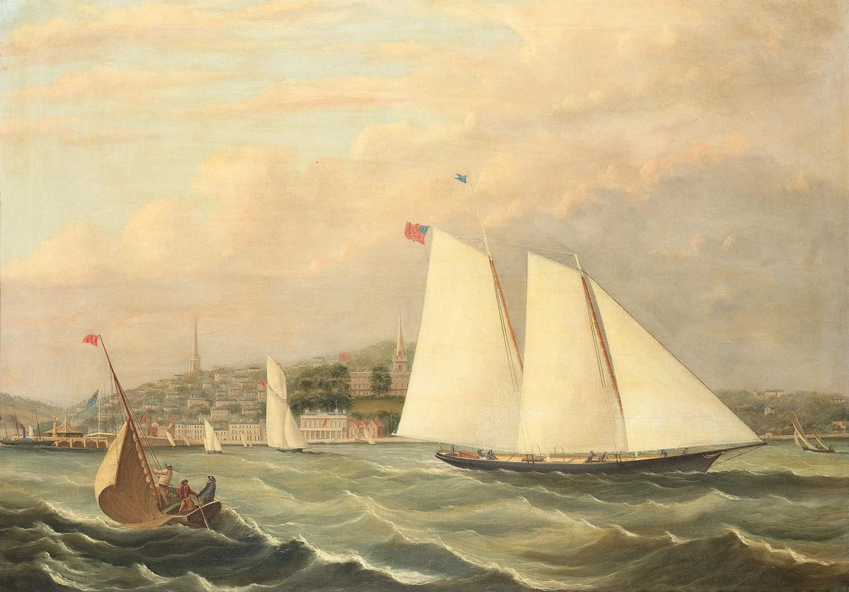 Hand-painted sailboats in coastal harbor nautical oil painting on canvas