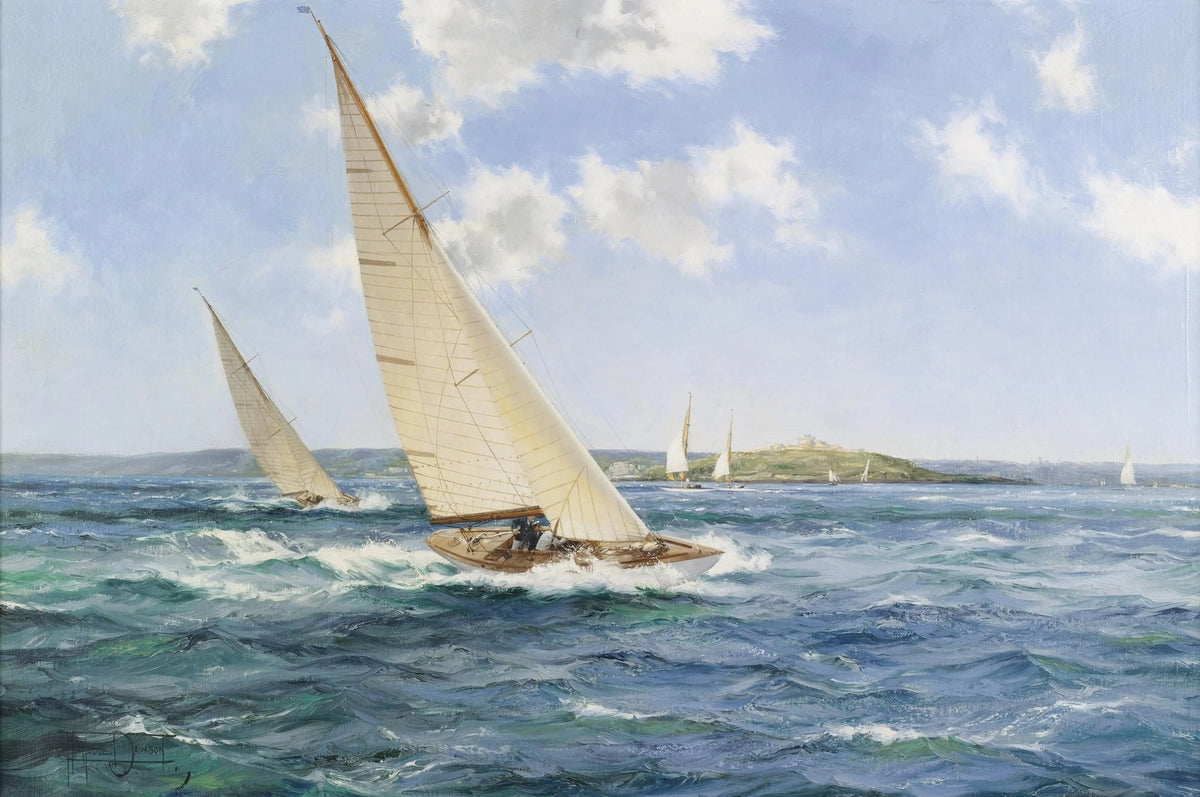Hand-painted sailboats in coastal race nautical oil painting on canvas