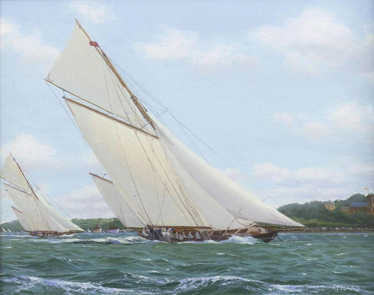 Hand-painted sailboats in coastal race nautical oil painting on canvas