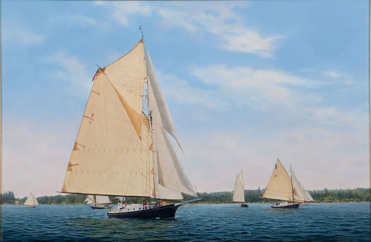 Hand-painted sailboats in coastal regatta nautical oil painting on canvas