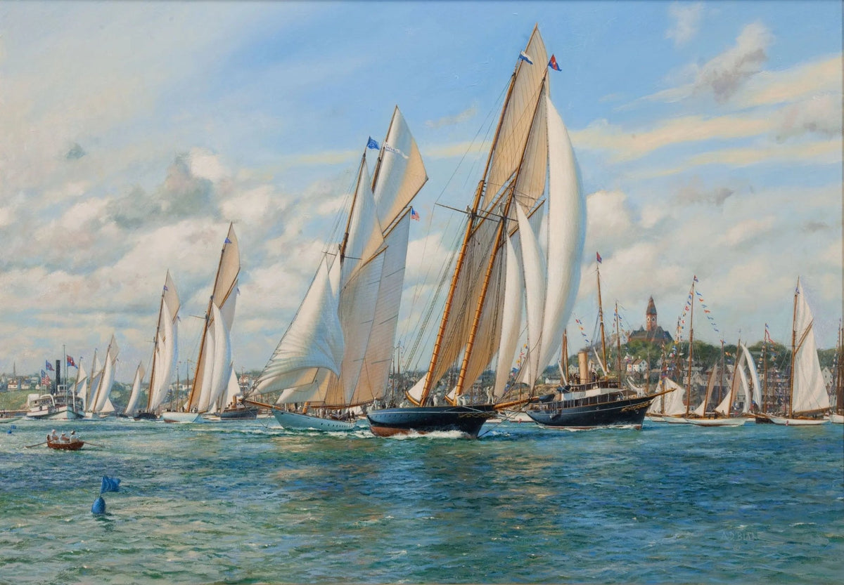 Hand-painted sailboats in coastal regatta nautical oil painting on canvas