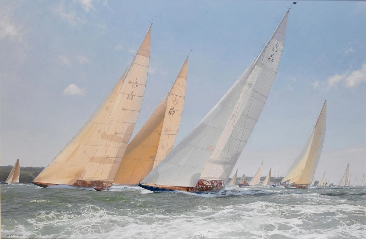 Hand-painted sailboats in competitive race nautical oil painting on canvas