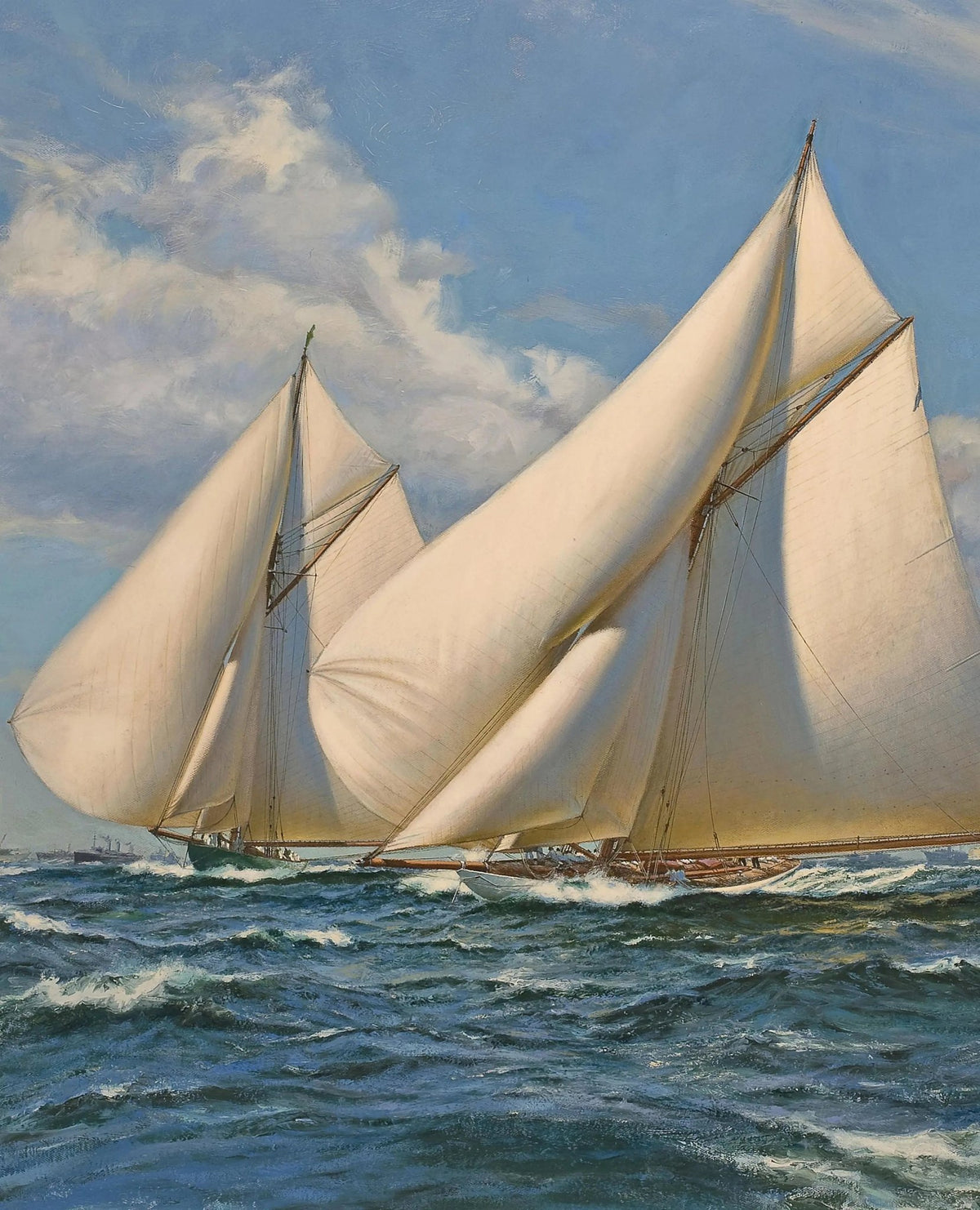 Hand-painted sailboats in competitive sea race nautical oil painting on canvas