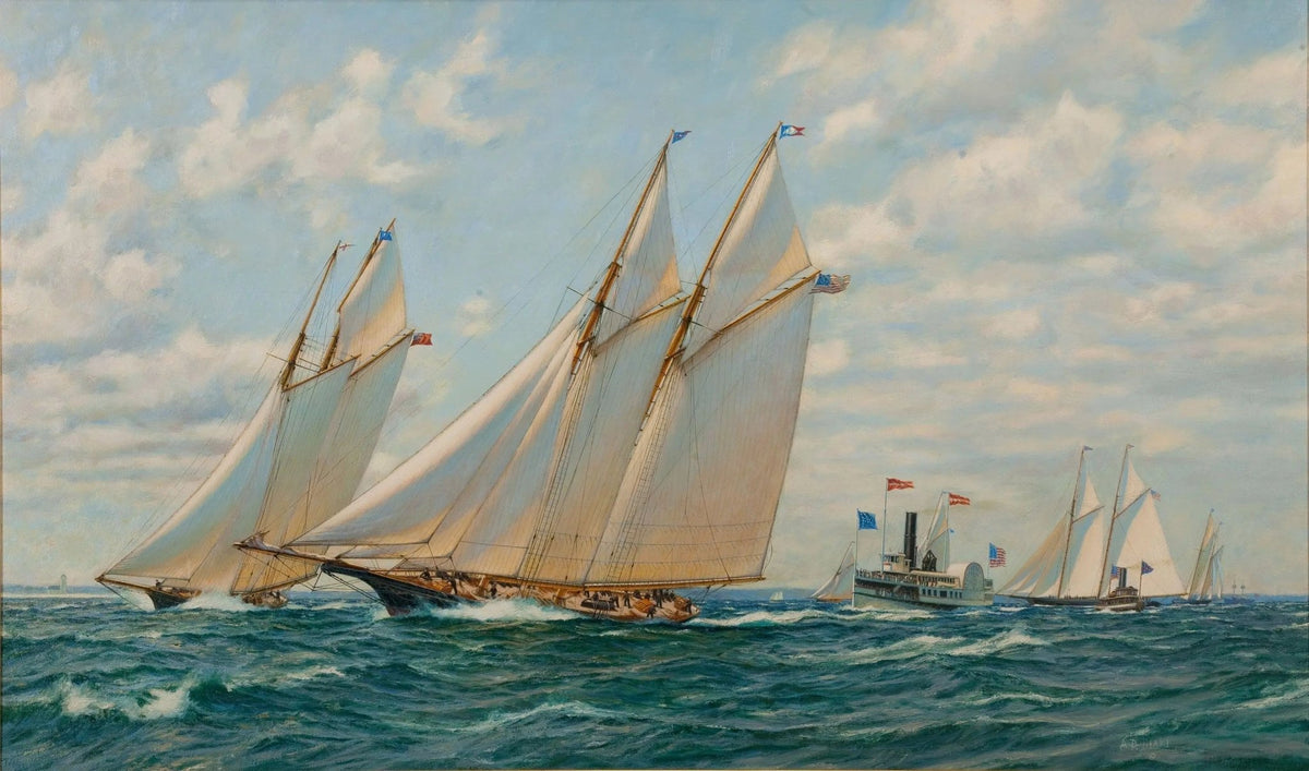 Hand-painted sailboats in maritime race nautical oil painting on canvas