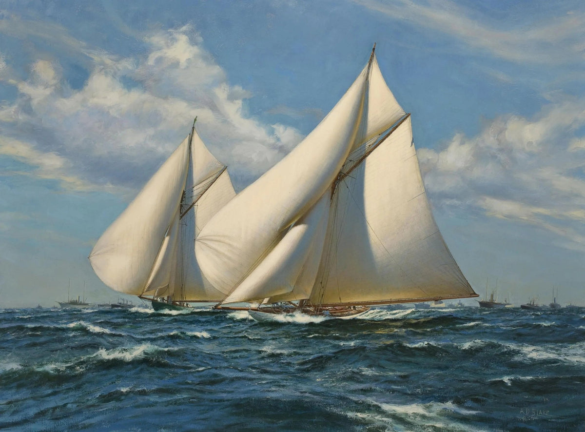 Hand-painted sailboats in sea race nautical oil painting on canvas