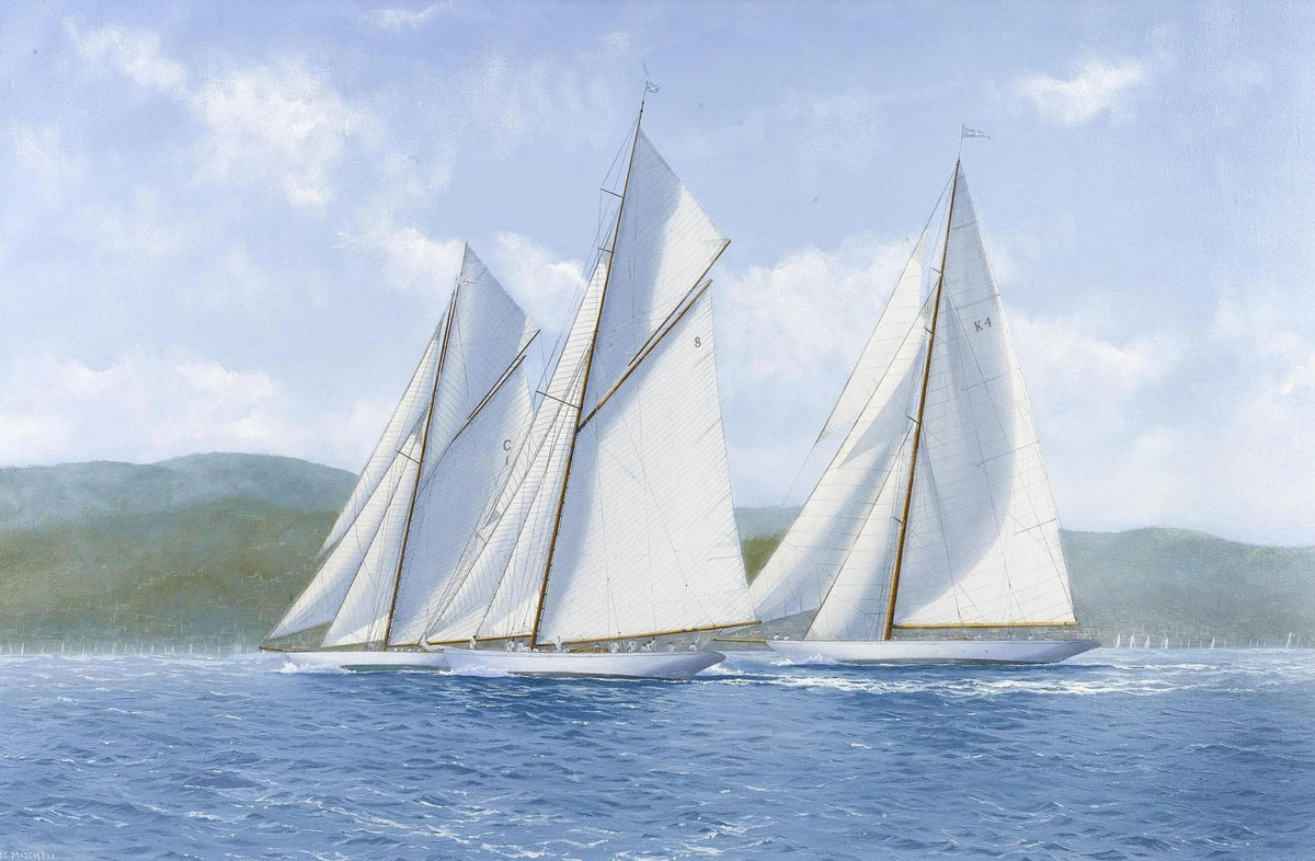 Hand-painted sailboats in sea race nautical oil painting on canvas