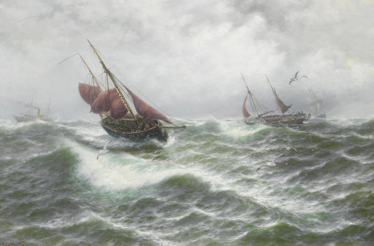Hand-painted sailboats in stormy sea nautical oil painting on canvas