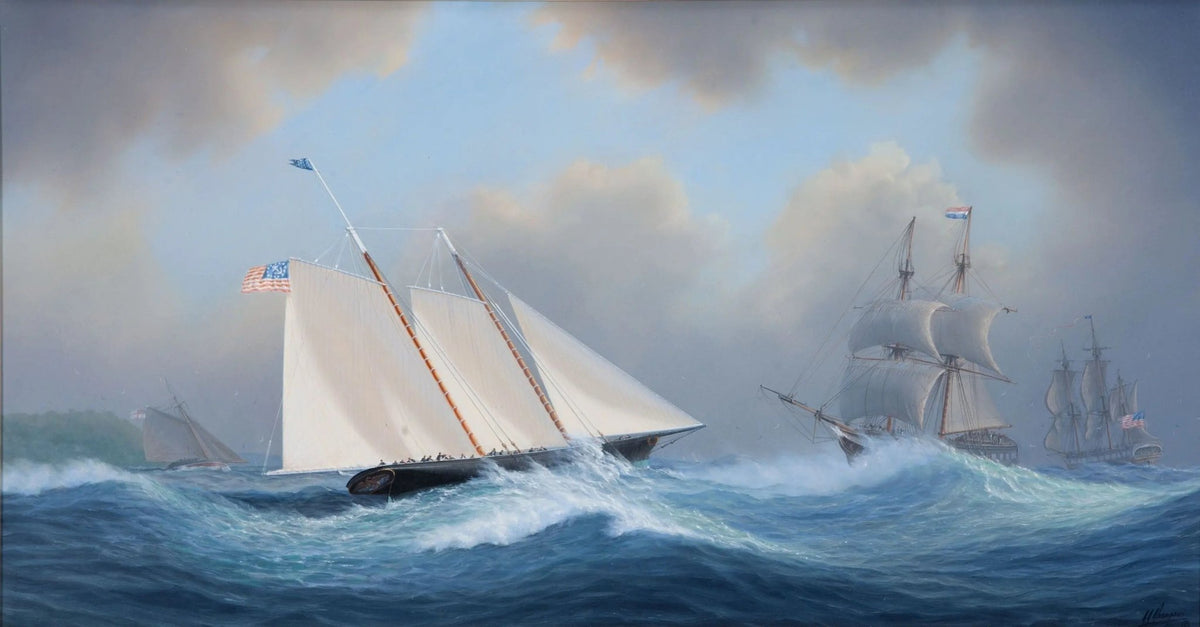 Hand-painted sailboats in stormy sea race nautical oil painting on canvas