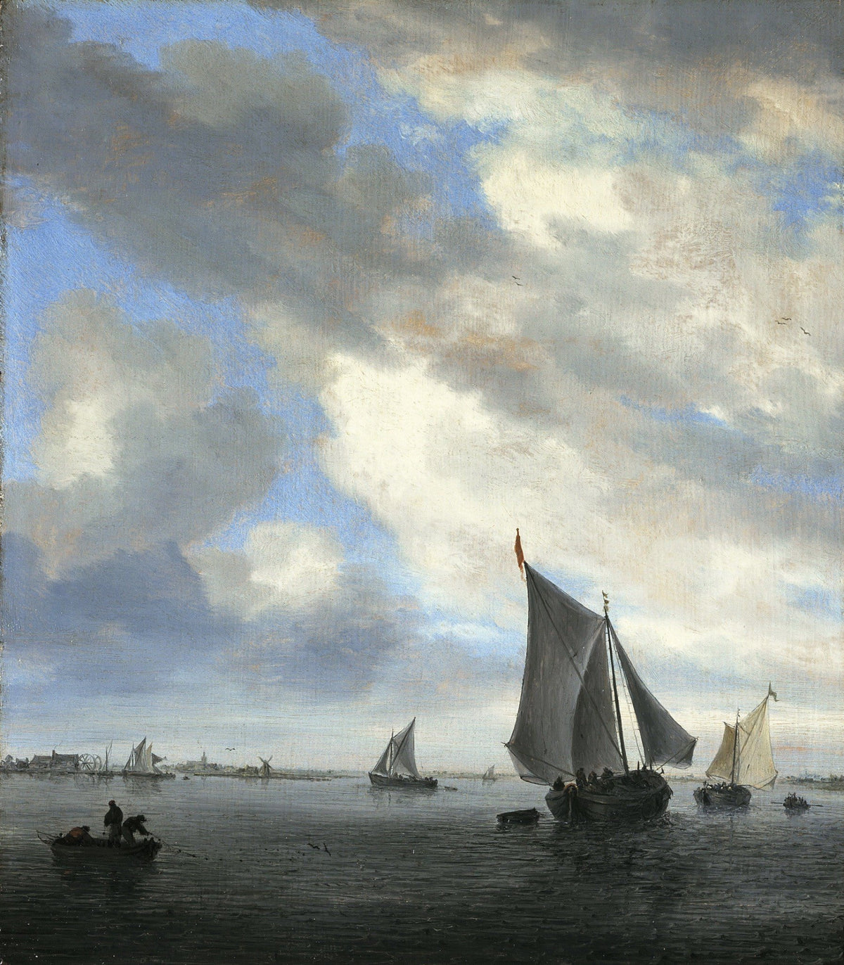 Hand-painted sailboats on a quiet Dutch lake at dusk nautical oil painting on canvas