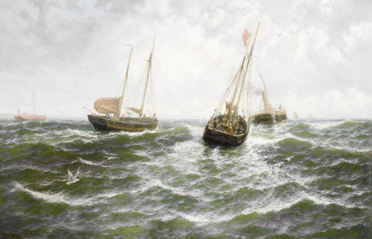 Hand-painted sailboats on rough green sea with gulls nautical oil painting on canvas