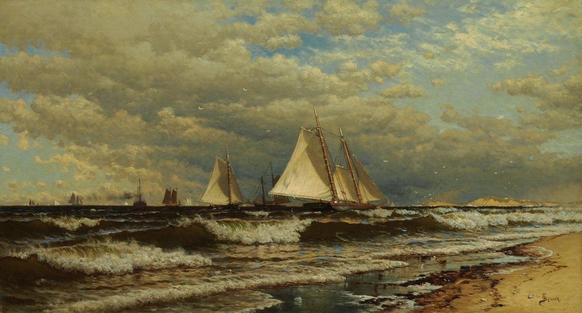 Hand-painted sailboats on waves by sandy shore nautical oil painting on canvas