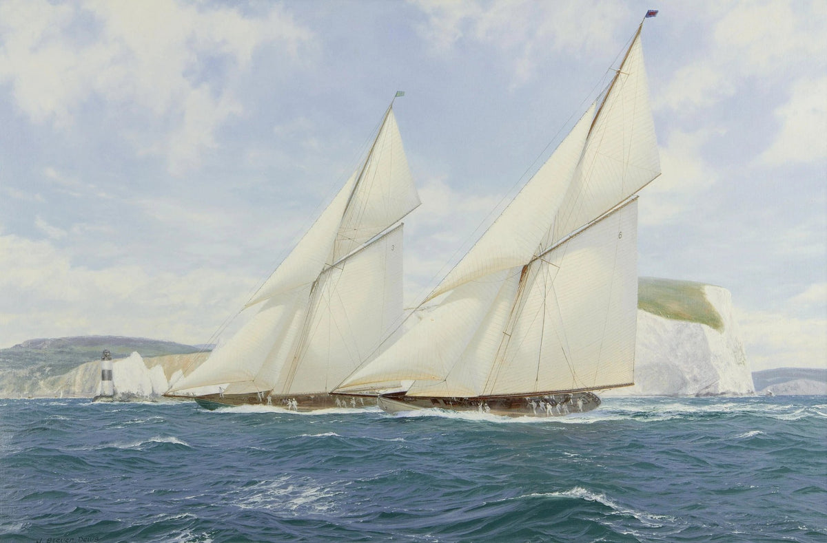 Hand-painted sailboats racing by coastal cliffs nautical oil painting on canvas