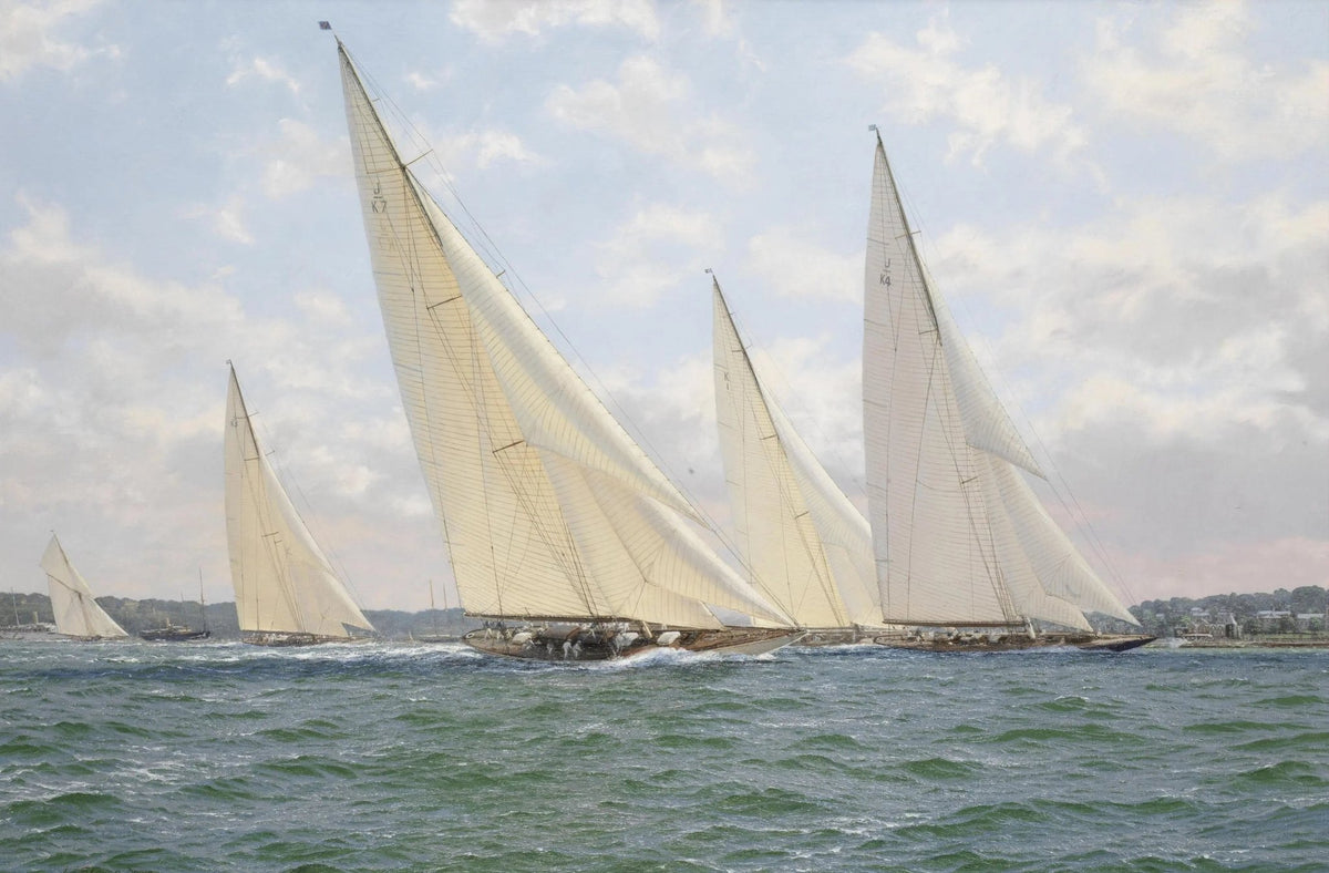 Hand-painted sailboats racing on open sea nautical oil painting on canvas