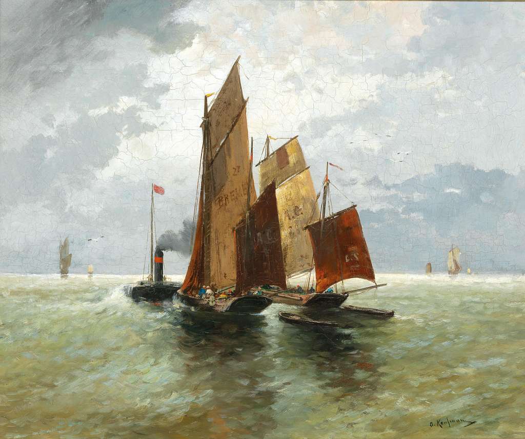 Hand-painted sailing barges on open water nautical oil painting on canvas