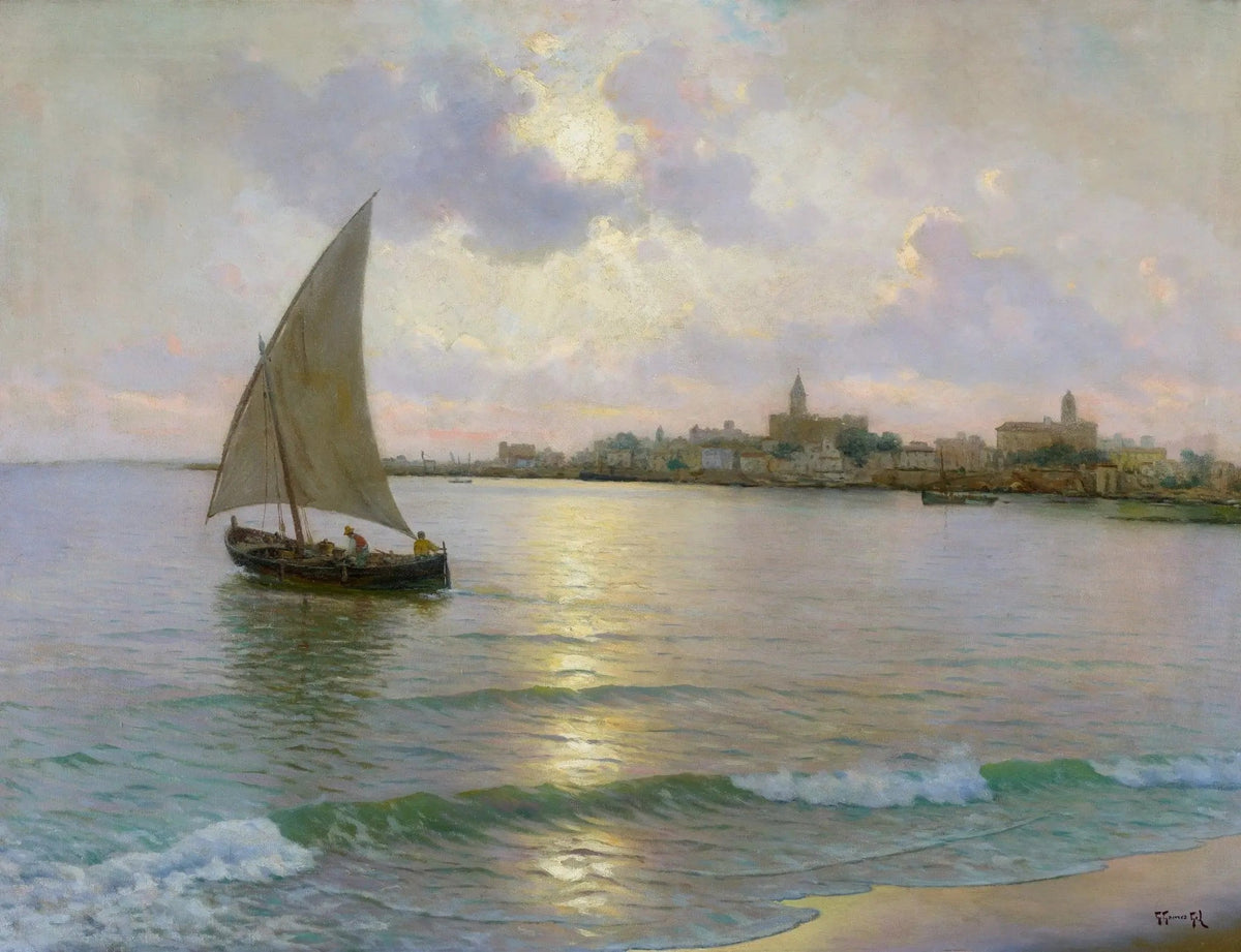 Hand-painted sailing boat by coastal town at sunset nautical oil painting on canvas