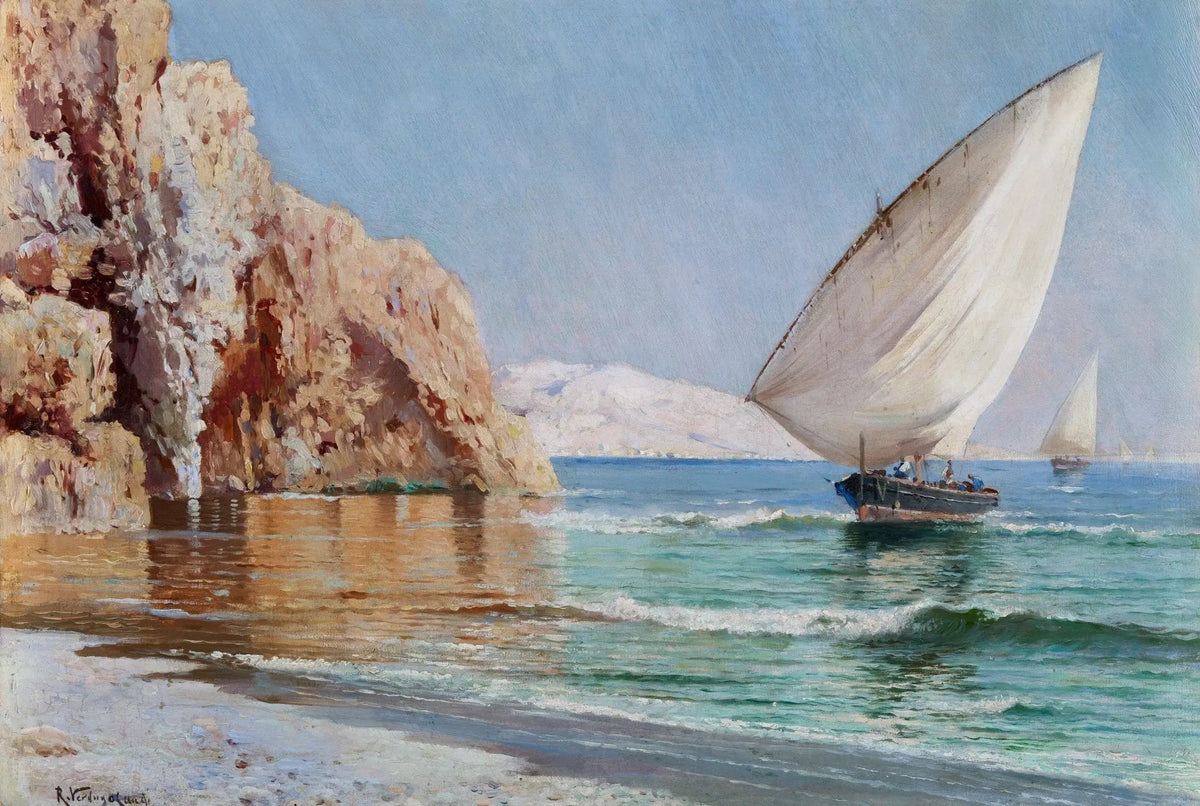 Hand-painted sailing boat by rocky coast nautical oil painting on canvas