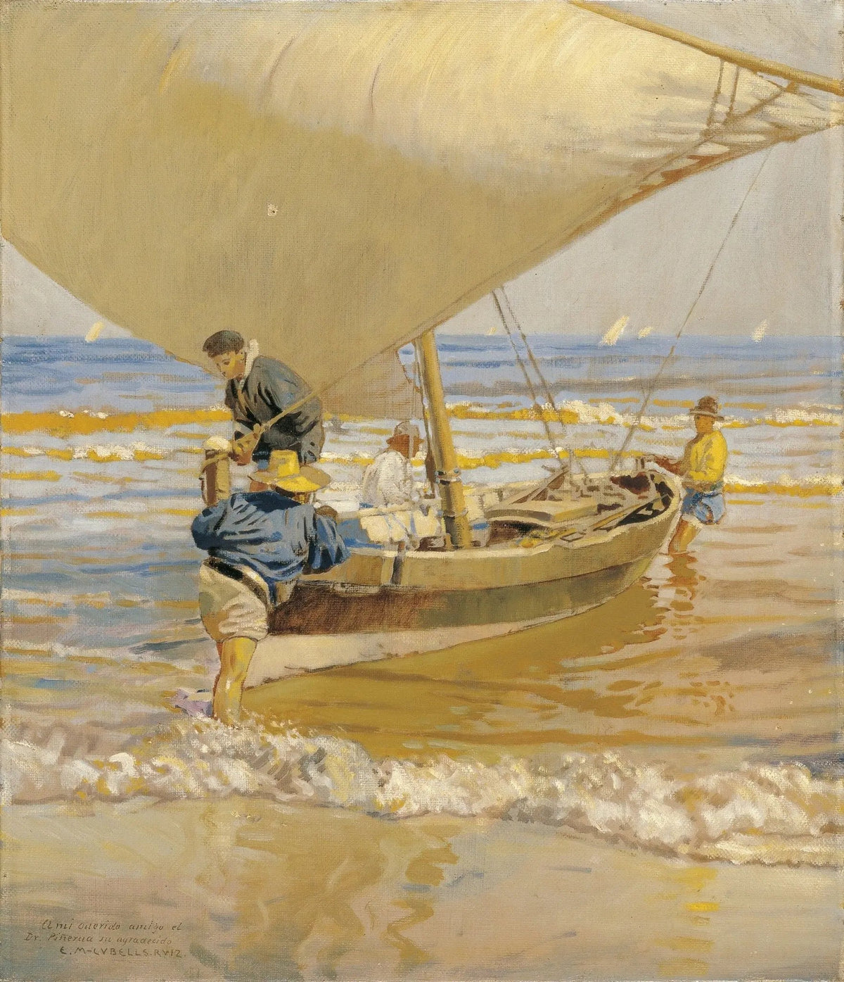 Hand-painted sailing boat on shore with figures nautical oil painting on canvas