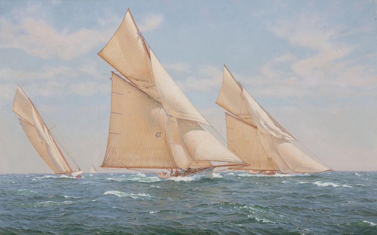 Hand-painted sailing boats in race at sea nautical oil painting on canvas