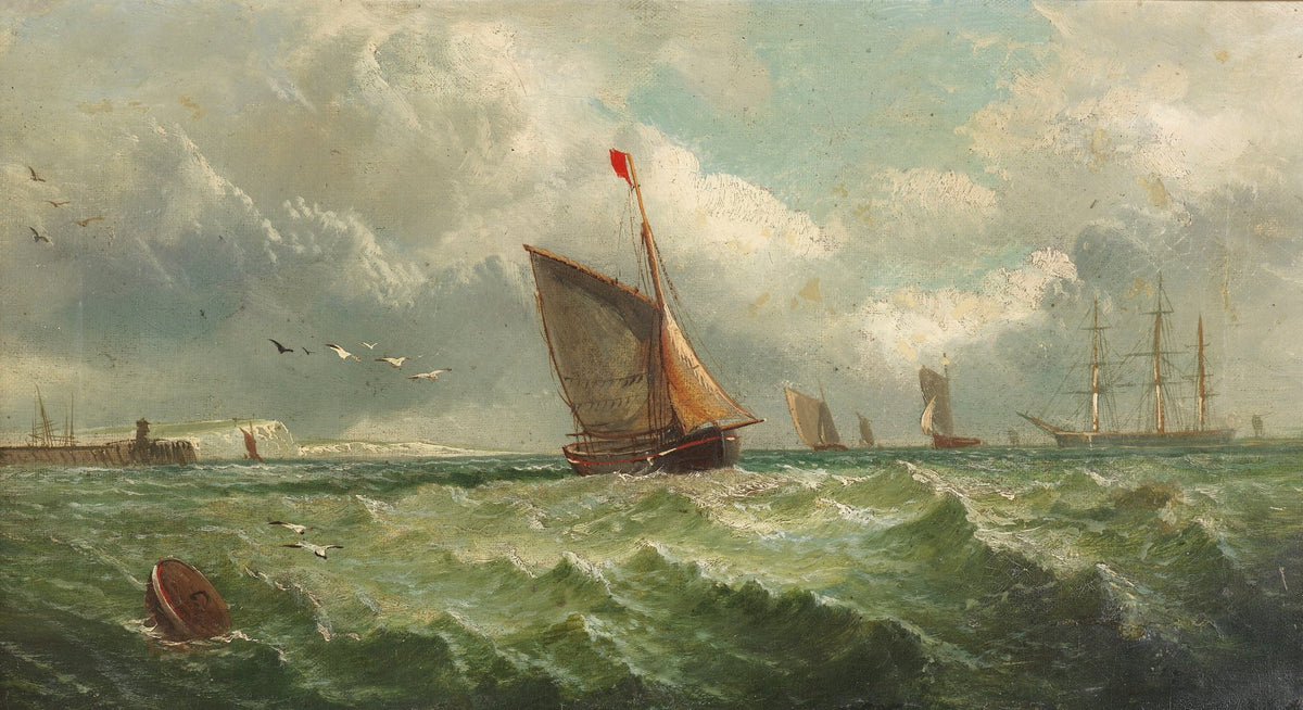 Hand-painted sailing boats in rough sea nautical oil painting on canvas