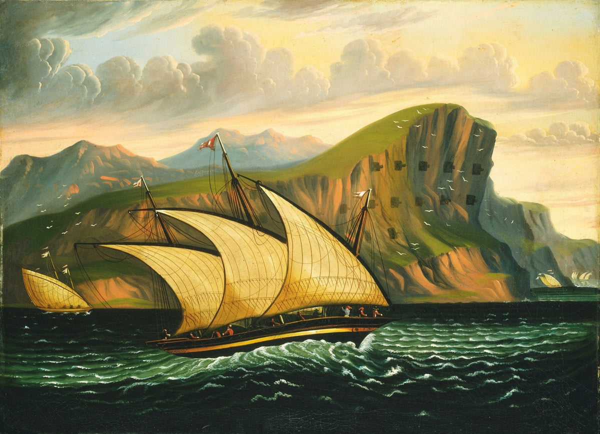 Hand-painted sailing cutter by coastal cliffs nautical oil painting on canvas