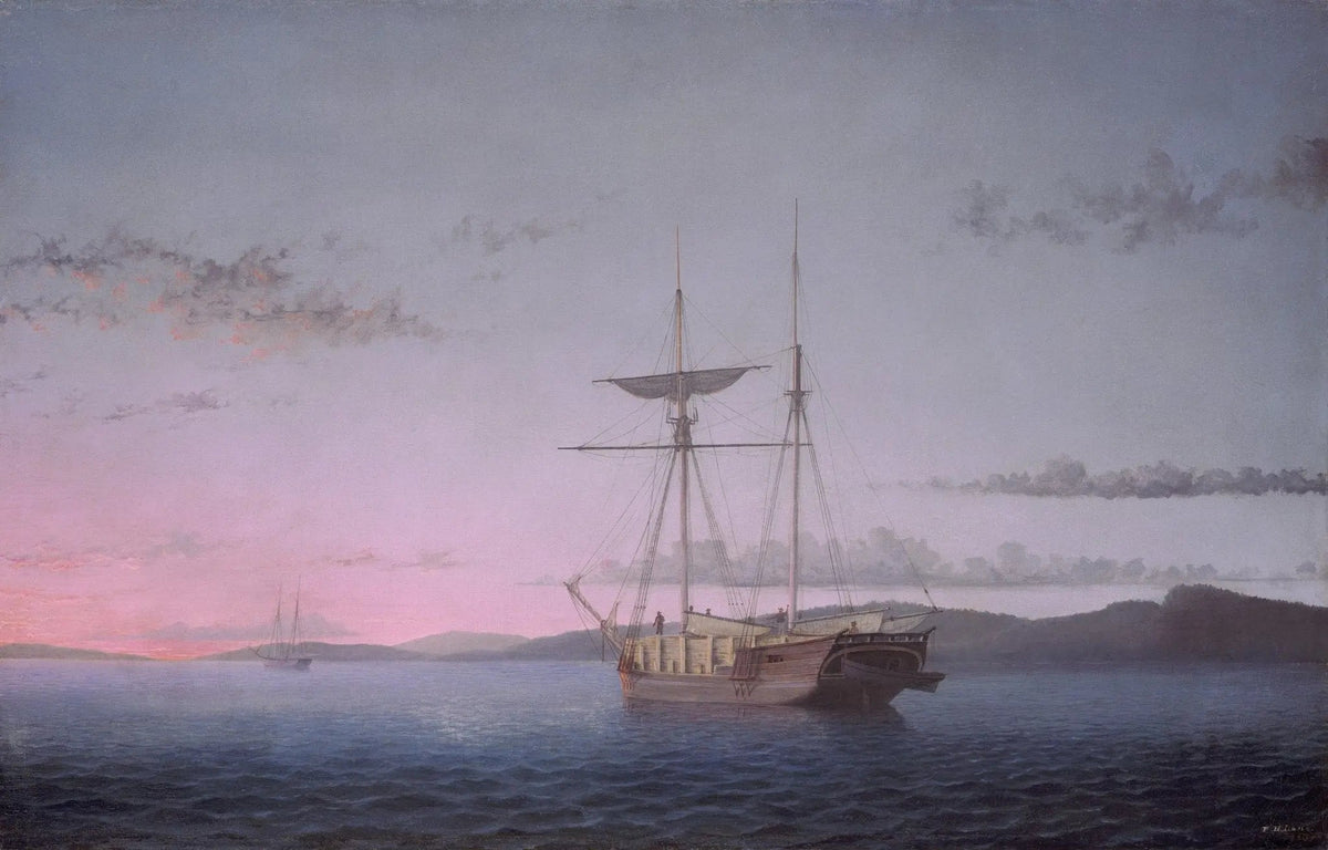 Hand-painted sailing ship at sunset on calm seas nautical oil painting on canvas